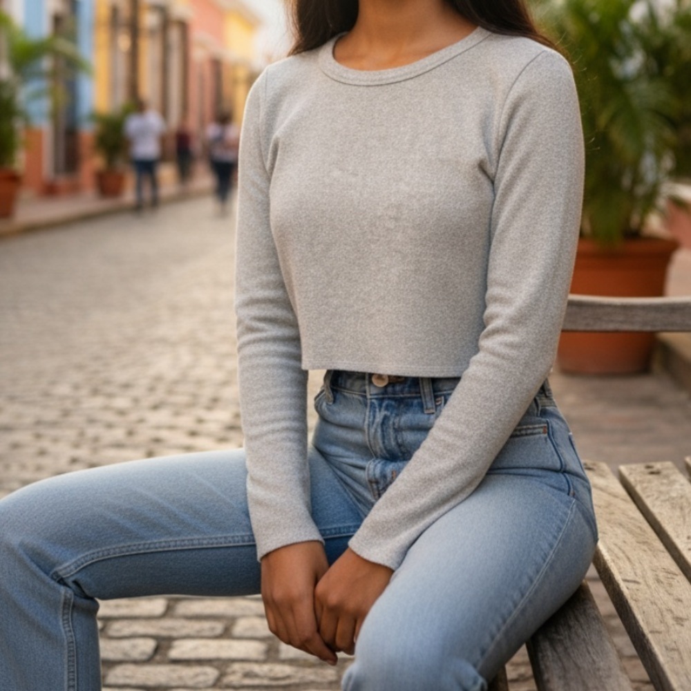 Zara Trafaluc beige long sleeve crop top l